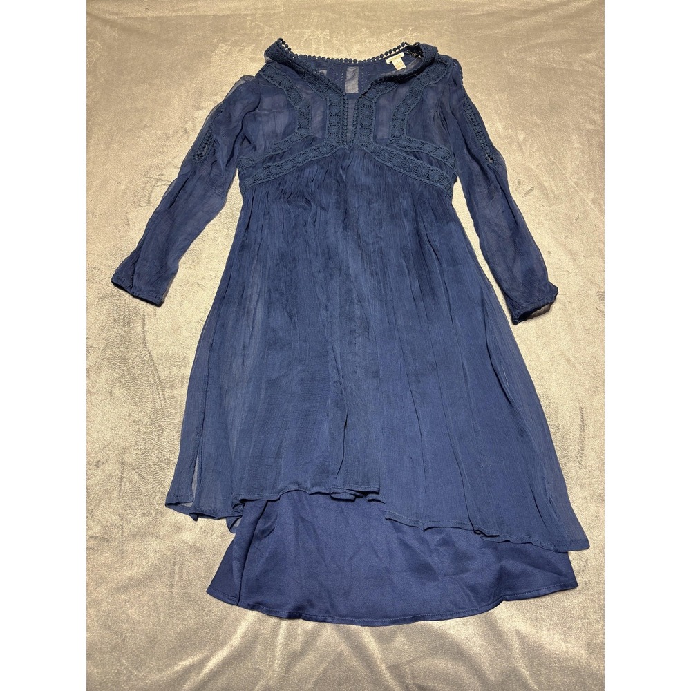 Sundance Dress Womens 6 Blue Crochet Trim Long Sleeve Hi Low Boho Rayon Lined